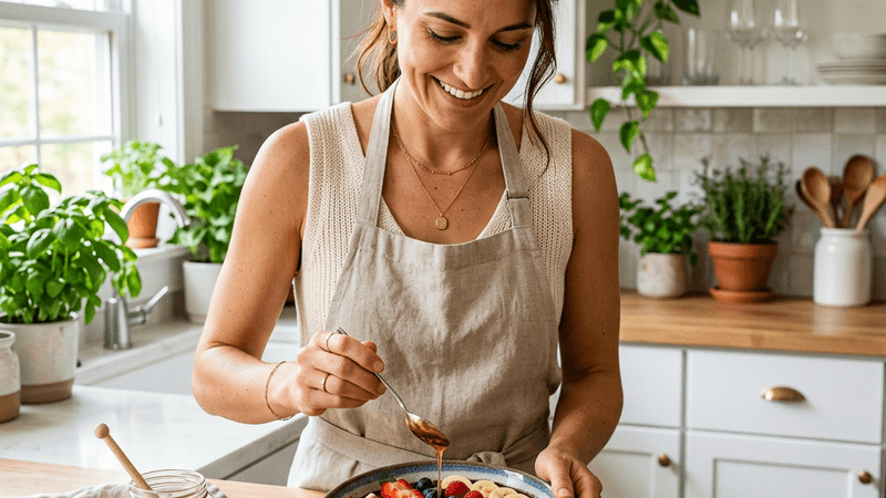 Woman preparing a colorful acai bowl with fresh berries and granola in a bright kitchen