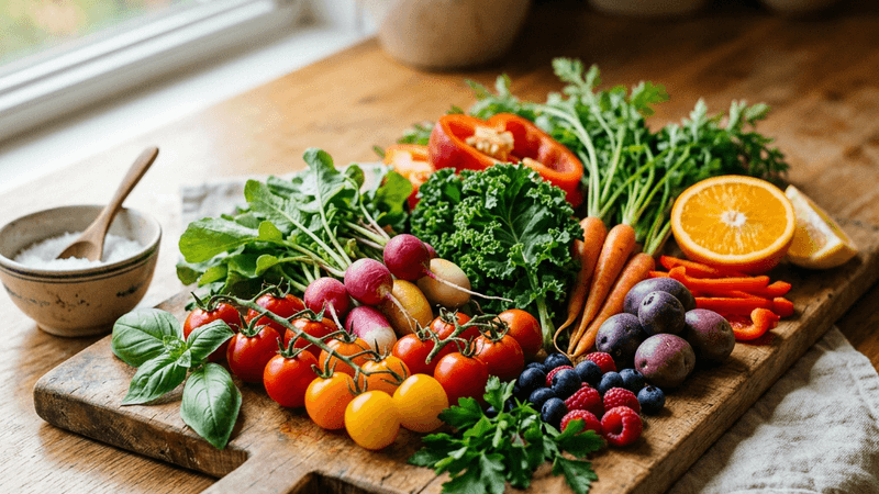 Fresh colorful vegetables and fruits on a wooden cutting board